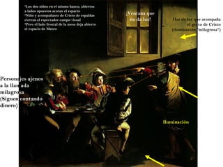 •Los dos niños en el mismo banco, abiertos
         a lados opuestos acotan el espacio
         •Niño y acompañante de Cristo de espaldas       ¡Ventana que
         cierran al espectador campo visual                no da luz!       Haz de luz que acompaña
         •Pero el lado frontal de la mesa deja abierto                             el gesto de Cristo
         el espacio de Mateo                                               (iluminación “milagrosa”)




Personajes ajenos
a la llamada
milagrosa
(Siguen contando
dinero)

                                                                        Iluminación
 