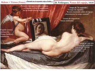 Pintado en el segundo viaje a Italia
Rubens + Tiziano (Venus)                                          D. Velázquez, Venus del espejo, 1650
                   Potente rojo que recorta el espejo
                     y a Cupido y evita la monotonía                             Juego de “lo sugerido”:
                     de un fondo neutro homogéneo                              Cuerpo de espaldas
                                                                              Rostro tamizado sobre el espejo
                                                                            ¿Incrementa la carga sensual?

                                                                          Lienzo de sugestivas
                                                                       líneas onduladas



Cupido (amor):
melancolía
Venus (belleza):
exhibición


                                                                                                Sabana de color frío
                                                                                            enfatiza las carnaciones
                                                                                         rosáceas (se diluirían
                                                                                     en contacto directo
                                                                                 con la sábana blanca)
 
