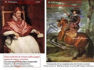 D. Velázquez, Papa Inocencio X, 1649             D. Velázquez, Retrato ecuestre del
                                                  Conde duque de Olivares, 1649
                                                 Cabeza del caballo y
                                                 cuerpo de Olivares
                                                 recortados sobre la
                                                 línea del horizonte +
                                                 punto de vista
                                                 ligeramente bajo =
                                                 Enfatizar la dignidad/
                                                 poder del retratado




                                                                                     Aplicación del color
                                                       Ma
                                                      hac rcha f
                                                         ia e irm
                                                             l es e y
                                                                 cen dec
                                                                    a ri    i
                                                                        o b dido
                                                                           élic
                                                                               o




Clara tradición de retrato áulico-papal
(gama de rojos y texturas)
Una introspección sicológica insuperable:
Inquieto, en tensión, impaciente,               Culminación de la complejización del retrato ecuestre:
severo, desconfiado, astuto, incisivo       Tiziano (Carlos V)       Rubens (duque de Lerma)   Velázquez (Olivares)
 