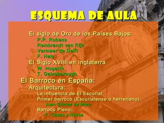 ESQUEMA DE AULAESQUEMA DE AULA
El siglo de Oro de los Países Bajos:El siglo de Oro de los Países Bajos:
P.P. RubensP.P. Rubens
Rembrandt van RijnRembrandt van Rijn
Vermeer de DelftVermeer de Delft
F. HalsF. Hals
El Siglo XVIII en InglaterraEl Siglo XVIII en Inglaterra
W. HogarthW. Hogarth
T. GainsboroughT. Gainsborough
El Barroco en España:El Barroco en España:
Arquitectura:Arquitectura:
La influencia de El EscorialLa influencia de El Escorial
Primer barroco (Escurialense o herreriano):Primer barroco (Escurialense o herreriano):
Juan Gómez de MoraJuan Gómez de Mora
Barroco Pleno:Barroco Pleno:
F. Casas y NovoaF. Casas y Novoa
 