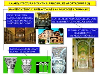 LA ARQUITECTURA BIZANTINA: PRINCIPALES APORTACIONES (II).
LA ARQUITECTURA BIZANTINA: PRINCIPALES APORTACIONES (II).
MANTENIMIENTO Y SUPERACIÓN DE LAS SOLUCIONES “ROMANAS”
ARCO DE ½ PUNTO
ARCO DE ½ PUNTO
LA COLUMNA CORINTIA
LA COLUMNA CORINTIA
LA BÓVEDA DE ARISTA
LA BÓVEDA DE ARISTA
LA BÓVEDA DE CAÑÓN
LA BÓVEDA DE CAÑÓN

MATERIALES: PIEDRA, LADRILLO CON
MATERIALES: PIEDRA, LADRILLO CON
REVESTIMIENTOS VARIADOS (LUJO)
REVESTIMIENTOS VARIADOS (LUJO)

EL MOSAICO MURAL COMO
EL MOSAICO MURAL COMO
REVESTIMIENTO
REVESTIMIENTO
DE MUROS Y BÓVEDAS
DE MUROS Y BÓVEDAS

LA COLUMNA CORINTIA Y
LA COLUMNA CORINTIA Y
EL CAPITEL BIZANTINO
EL CAPITEL BIZANTINO

 