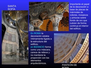 En ROMA la
decoración estaba
íntimamente ligada a
la estructura del
edificio;
en BIZANCIO forma
como una máscara,
carece de relieve y
no mantiene la
proporción con los
elementos
arquitectónicos.
Importante el papel
de la decoración a
base de placas de
mármoles de
colores, mosaicos
y pinturas sobre
fondo de oro que
cubren de forma
continua el interior
del edificio.
PANTEÓN DE
SANTA
SOFÍA
 