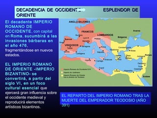 DECADENCIA DE OCCIDENTE ESPLENDOR DEDECADENCIA DE OCCIDENTE ESPLENDOR DE
ORIENTEORIENTE
El decadente IMPERIO
ROMANO DE
OCCIDENTE, con capital
en Roma, sucumbirá a las
invasiones bárbaras en
el año 476,
fragmentándose en nuevos
estados.
EL IMPERIO ROMANO
DE ORIENTE -IMPERIO
BIZANTINO- se
convertirá, a partir del
siglo VI, en un foco
cultural esencial que
ejercerá gran influencia sobre
el occidente medieval y
reproducirá elementos
artísticos bizantinos.
EL REPARTO DEL IMPERIO ROMANO TRAS LA
MUERTE DEL EMPERADOR TEODOSIO (AÑO
391)
 