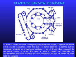 PLANTA DE SAN VITAL DE RÁVENA
El espacio central se cubre con cúpula gallonada sobre tambor octogonal sostenida
sobre pilares angulares, entre los que se abren sectores o tramos curvos
(exedras), creando un movimiento continuo y, un dinámico ritmo espacial de
elementos curvos y rectos. En torno al espacio central, se desarrolla un
deambulatorio que está cubierto con una complicada bóveda de arista en cada
lado del polígono
 