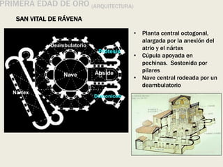 PRIMERA EDAD DE ORO (ARQUITECTURA)
SAN VITAL DE RÁVENA
• Planta central octogonal,
alargada por la anexión del
atrio y el nártex
• Cúpula apoyada en
pechinas. Sostenida por
pilares
• Nave central rodeada por un
deambulatorio
 