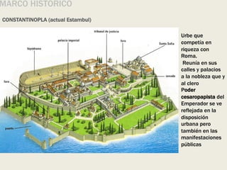 MARCO HISTÓRICO
CONSTANTINOPLA (actual Estambul)
Urbe que
competía en
riqueza con
Roma.
Reunía en sus
calles y palacios
a la nobleza que y
al clero
Poder
cesaropapista del
Emperador se ve
reflejada en la
disposición
urbana pero
también en las
manifestaciones
públicas
 
