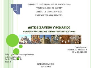 INSTITUTO UNIVERSITARIO DE TECNOLOGIA
                                   “ANTONIO JOSE DE SUCRE”
                                   DISEÑO DE OBRAS CIVILES.
                                   EXTENSION BARQUISIMETO.




                                                                     Participante:
                                                              Suárez. A. Froilán. J
                                                                  CI V-19.241.265
Asig.: Hist. De las Arquitectura
y Artes aplicadas.
Prof.: Wilmelia. B
Secc. S1
                                    BARQUISIMETO.
                                      22/11/2012
 