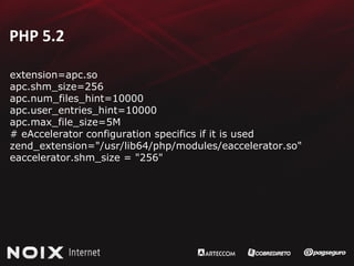 PHP 5.2 extension=apc.so apc.shm_size=256 apc.num_files_hint=10000 apc.user_entries_hint=10000 apc.max_file_size=5M # eAccelerator configuration specifics if it is used zend_extension="/usr/lib64/php/modules/eaccelerator.so" eaccelerator.shm_size = "256" 