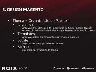 6. DESIGN MAGENTO Thema – Organização de Pacotes Layouts :  Arquivos XML, definição das estruturas de bloco (module layout), onde você define as referências e organizações de blocos do thema. Templates :  Arquivos phtml, apresentação dos recursos magento. Locale:  Arquivos de tradução no formato .csv Skins :  css, images, javascript do thema. 