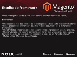 Escolha do Framework Antes do Magento, utilizava-se o  PHP4  para os projetos internos da Varien. Problemas: Nas especificações dos critérios de contratação quando se trata de desenvolvedores. Longo processo de treinamento devido à falta de documentação e materiais de  treinamento. Nas atividades colaborativas da Varien com outras empresas em grandes projetos. Na manutenção e no suporte ao Framework Varien sem uma grande comunidade, tanto na alocação de recursos sem o respaldo e apoio de um “grande coletivo”. Muitos estilos diferentes de codificação. 