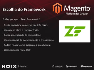 Escolha do Framework Então, por que o Zend Framework? Existe sociedade comercial por trás disso. Um roteiro claro e transparência. Apoio generalizado da comunidade. Um manancial de documentação e treinamento. Podem mudar como quiserem a arquitetura. Licenciamento (New BSD) 