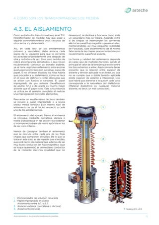 11
Acercamiento a los transformadores de medida
4. COMO SON LOS TRANSFORMADORES DE MEDIDA
Como en todos los transformadores, en el T.M.
(transformador de medida) hay que aislar y
separar convenientemente unos circuitos de
otros entre sí y del exterior.
Así, en cada uno de los arrollamientos
primario y secundario, debe aislarse cada
espira de la siguiente para que la corriente
las atraviese ordenadamente una después de
otra y no todas a la vez. En el caso de hilos de
cobre al comprarlos esmaltados, o sea con un
recubrimiento continuo de esmalte aislante,
ya se tiene un primer aislamiento entre espiras
que luego se reforzará con sucesivas capas de
papel. Si no vinieran aislados los hilos habría
que proceder a su aislamiento, como se hace
en el caso de pletinas y cintas desnudas que
se aíslan con fundas o cartones. El papel
impregnado de gas aislante (hexaﬂuoruro
de azufre: SF6
) o de aceite es mucho mejor
aislante que el papel solo. Esta circunstancia
se utiliza en el aparato completo al realizar
una impregnación con estos elementos.
Para aislar un arrollamiento del otro también
se recurre a papel impregnado o a resina
(hasta media tensión) Este mismo tipo de
aislamiento se da al núcleo respecto a cada
uno de los arrollamientos.
El aislamiento del aparato frente al ambiente
se consigue mediante porcelana, silicona o
resina cicloalifática en los de ser vicio exterior
o intemperie y a base de resina epóxida en los
de ser vicio interior.
Hemos de consignar también el aislamiento
que se procura entre cada una de las ﬁnas
chapas que componen el núcleo. De lo que se
trata en este caso es de impedir que el núcleo,
que está hecho de material que además de ser
muy buen conductor del ﬂujo magnético (que
es lo que queremos) es un mediano conductor
de la corriente eléctrica (cualidad que no
4.3. EL AISLAMIENTO
› Modelos CH y CX.
1. Compensador de volumen de aceite
2. Papel impregnado en aceite
Aislamiento entre A.T. y B.T.
3. Aislador exterior (porcelana o silicona)
4. Aislamiento (resina)
1
2
3
4
deseamos), se dedique a funcionar como si de
un secundario más se tratara. Aislando entre
sí las chapas se interrumpen las corrientes
eléctricasqueelﬂujomagnéticogeneraenellas,
manteniéndolas así muy pequeñas (pérdidas
de Foucault). Este aislamiento lo da el mismo
fabricante de las chapas proporcionándoles un
recubrimiento superﬁcial aislante.
La forma y calidad del aislamiento depende
en cada caso de múltiples factores, siendo el
principal el valor de la tensión que existe entre
los dos extremos a aislar. Aquí conviene tener
presente que la relación entre espesor de
aislante y tensión aplicada no es lineal, así que
no se cumple que a doble tensión aplicada
doble espesor de aislante a interponer, sino
que habrá que atenerse a lo que en cada caso
corresponda a la naturaleza del dieléctrico.
(Material dieléctrico es cualquier material
aislante, es decir, un mal conductor).
 