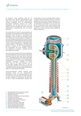 14 Acercamiento a los transformadores de medida
5. FABRICACIÓN Y CLASIFICACIÓN DE LOS TRANSFORMADORES DE MEDIDA
Es práctica usual emplazar más de un
secundario por aparato aprovechando que
haya sitio. Para ello se realizan otros tantos
núcleos toroidales (con su arrollamiento
secundario bobinado encima) los cuales
dispuestos uno al lado del otro con los
agujeros bien centrados de forma que sean
atravesados conjuntamente por el mismo
primario.
En el caso de los T.I. de A.T., para simpliﬁcar en
lo posible los problemas de aislamiento a esas
tensiones entre primario y secundario tan
elevadas, lo que se hace es introducir todos
los núcleos con sus secundarios arrollados en
una caja metálica (de aluminio) cuya forma se
ha estudiado cuidadosamente para que tenga
efectos correctores sobre el campo eléctrico
y que encierra totalmente a aquéllos. Esto
permite prever un programa de aislamiento
común a todos los T.I. (transformadores
de intensidad) de igual modelo, aunque
sea diferente el número y tamaño de los
secundarios que lleven.
Hay veces que se prevé una futura ampliación
de una instalación, de modo que la intensidad
cambiará. Para no tener que retirar entonces
el T.I., cambiándolo por otro nuevo adecuado
a esa intensidad diferente, es frecuente pedir
inicialmente el T.I. con varias intensidades
primarias nominales. También se hace,
sobre todo en A.T. (alta tensión), con el
ﬁn de pedir iguales todos los T.I. de una
subestación y facilitar así su reemplazamiento
y entretenimiento aunque deban transformar
cada uno intensidades diferentes.
Constructivamente puede hacerse esto
mediante tomas en los arrollamientos
secundarios (con la particularidad de que
en cada una el número de A.V. será distinto),
o bien mediante la realización del primario
en dos o cuatro arrollamientos iguales, que
1. Compensador de volumen de aceite
2. Indicador de nivel de aceite
3. Terminal primario
4. Núcleos y arrollamientos secundarios
5. Conductor primario
6. Conductores secundarios
7. Aislador (porcelana o silicona)
8. Borna condensadora
9. Conexión de tierra reforzada
10. Toma de muestras de aceite
11. Toma medida tangente delta
12. Terminal de puesta a tierra
13. Caja de terminales secundarios
1
2
3
4
6
7
8
13
9
10
12
11
13
5
› Modelo CA.
conectados en serie o paralelo darán lugar a
la doble relación primaria (D.R.P.) y en serie
paralelo, en el caso de cuatro arrollamientos, a
la triple relación primaria (T.R.P.). En este caso
se mantienen constantes los A.V. en cada una
de las conexiones, pero encareciendo algo
el aparato a causa de la mayor cantidad de
cobre que lleva el primario para establecer
dichas conexiones.
 