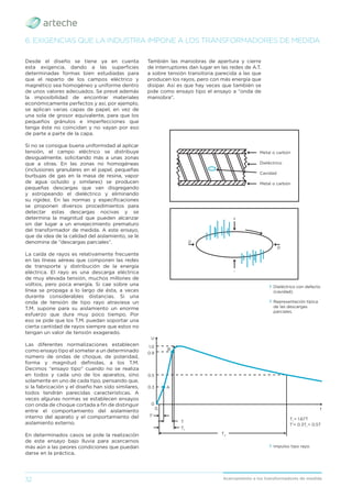 32 Acercamiento a los transformadores de medida
› Impulso tipo rayo.
6. EXIGENCIAS QUE LA INDUSTRIA IMPONE A LOS TRANSFORMADORES DE MEDIDA
Desde el diseño se tiene ya en cuenta
esta exigencia, dando a las superﬁcies
determinadas formas bien estudiadas para
que el reparto de los campos eléctrico y
magnético sea homogéneo y uniforme dentro
de unos valores adecuados. Se prevé además
la imposibilidad de encontrar materiales
económicamente perfectos y así, por ejemplo,
se aplican varias capas de papel, en vez de
una sola de grosor equivalente, para que los
pequeños gránulos e imperfecciones que
tenga éste no coincidan y no vayan por eso
de parte a parte de la capa.
Si no se consigue buena uniformidad al aplicar
tensión, el campo eléctrico se distribuye
desigualmente, solicitando más a unas zonas
que a otras. En las zonas no homogéneas
(inclusiones granulares en el papel, pequeñas
burbujas de gas en la masa de resina, vapor
de agua ocluido y similares) se producen
pequeñas descargas que van disgregando
y estropeando el dieléctrico y eliminando
su rigidez. En las normas y especiﬁcaciones
se proponen diversos procedimientos para
detectar estas descargas nocivas y se
determina la magnitud que pueden alcanzar
sin dar lugar a un envejecimiento prematuro
del transformador de medida. A este ensayo,
que da idea de la calidad del aislamiento, se le
denomina de “descargas parciales”.
La caída de rayos es relativamente frecuente
en las líneas aéreas que componen las redes
de transporte y distribución de la energía
eléctrica. El rayo es una descarga eléctrica
de muy elevada tensión, muchos millones de
voltios, pero poca energía. Si cae sobre una
línea se propaga a lo largo de ésta, a veces
durante considerables distancias. Si una
onda de tensión de tipo rayo atraviesa un
T.M. supone para su aislamiento un enorme
esfuerzo que dura muy poco tiempo. Por
eso se pide que los T.M. puedan soportar una
cierta cantidad de rayos siempre que estos no
tengan un valor de tensión exagerado.
Las diferentes normalizaciones establecen
como ensayo tipo el someter a un determinado
número de ondas de choque, de polaridad,
forma y magnitud deﬁnidas, a los T.M.
Decimos “ensayo tipo” cuando no se realiza
en todos y cada uno de los aparatos, sino
solamente en uno de cada tipo, pensando que,
si la fabricación y el diseño han sido similares,
todos tendrán parecidas características. A
veces algunas normas se establecen ensayos
con onda de choque cortada a ﬁn de distinguir
entre el comportamiento del aislamiento
interno del aparato y el comportamiento del
aislamiento externo.
En determinados casos se pide la realización
de este ensayo bajo lluvia para acercarnos
más aún a las peores condiciones que puedan
darse en la práctica.
También las maniobras de apertura y cierre
de interruptores dan lugar en las redes de A.T.
a sobre tensión transitoria parecida a las que
producen los rayos, pero con más energía que
disipar. Así es que hay veces que también se
pide como ensayo tipo el ensayo a “onda de
maniobra”.
› Dieléctrico con defecto
(cavidad).
› Representación típica
de las descargas
parciales.
Metal o carbón
Dieléctrico
Cavidad
Metal o carbón
+
-
0
0
U
1.0
0.9
0.5
0.3
0
B
A
01
T’
T1
T
T2
t
T’= 0.3T1
= 0.5T
T1
= 1.67T
 