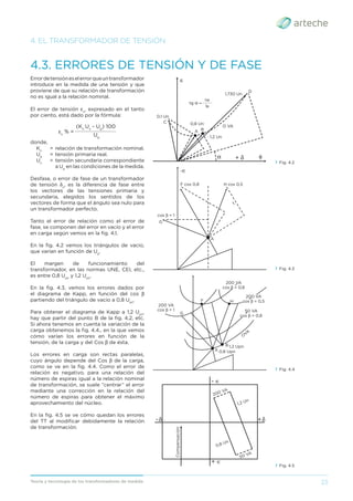 23
Teoría y tecnología de los transformadores de medida
4.3. ERRORES DE TENSIÓN Y DE FASE
Errordetensióneselerrorqueuntransformador
introduce en la medida de una tensión y que
proviene de que su relación de transformación
no es igual a la relación nominal.
El error de tensión εu
, expresado en el tanto
por ciento, está dado por la fórmula:
Up
______________________
εu
% =
(Kn
Us
- Up
) 100
donde,
Kn
= relación de transformación nominal.
Up
= tensión primaria real.
Us
= tensión secundaria correspondiente
a Up
en las condiciones de la medida.
Desfase, o error de fase de un transformador
de tensión δu
, es la diferencia de fase entre
los vectores de las tensiones primaria y
secundaria, elegidos los sentidos de los
vectores de forma que el ángulo sea nulo para
un transformador perfecto.
Tanto el error de relación como el error de
fase, se componen del error en vacío y el error
en carga según vemos en la ﬁg. 4.1.
En la ﬁg. 4.2 vemos los triángulos de vacío,
que varían en función de Up
.
El margen de funcionamiento del
transformador, en las normas UNE, CEI, etc.,
es entre 0,8 Upn
y 1,2 Upn
.
En la ﬁg. 4.3, vemos los errores dados por
el diagrama de Kapp, en función del cos β
partiendo del triángulo de vacío a 0,8 Upn
.
Para obtener el diagrama de Kapp a 1,2 Upn
,
hay que partir del punto B de la ﬁg. 4.2, etc.
Si ahora tenemos en cuenta la variación de la
carga obtenemos la ﬁg. 4.4., en la que vemos
cómo varían los errores en función de la
tensión, de la carga y del Cos β de ésta.
Los errores en carga son rectas paralelas,
cuyo ángulo depende del Cos β de la carga,
como se ve en la ﬁg. 4.4. Como el error de
relación es negativo, para una relación del
número de espiras igual a la relación nominal
de transformación, se suele “centrar” el error
mediante una corrección en la relación del
número de espiras para obtener el máximo
aprovechamiento del núcleo.
En la ﬁg. 4.5 se ve cómo quedan los errores
del TT al modiﬁcar debidamente la relación
de transformación.
4. EL TRANSFORMADOR DE TENSIÓN
› Fig. 4.2
0,1 Un
0,8 Un
O VA
+ δ φ
α
1,730 Un
1,2 Un
C
A B
D
∈
_______
Iw
tg α =
Iμ
› Fig. 4.3
-∈
cos β = 1
G
A
t
H cos 0,5
F cos 0,8
› Fig. 4.4
cos β = 1
cos β = 0,8
cos β = 0,8
0,8 Upn
1,2 Upn
cos β = 0,5
200 VA
G
F H
B
A
200 VA
50 VA
OVA
200 VA
› Fig. 4.5
Compensación
-δ +δ
- ∈
+ ∈
200 VA
50 VA
1,2 Un
0,8 Un
 