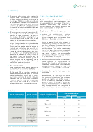 41
Teoría y tecnología de los transformadores de medida
7. NORMAS
d. Ensayo de sobretensión entre espiras. Se
veriﬁca cada arrollamiento secundario
durante 1 minuto a la tensión inducida (si es
menor que 4,5 kV de cresta), alimentando
el arrollamiento primario con su intensidad
nominal, estando el secundario abierto o
viceversa. Si la tensión que aparece en los
bornes del secundario es superior a 4,5kV
de cresta, se ensaya con esta tensión.
e. Ensayos concernientes a la precisión. En
los transformadores de intensidad para
medida y para protección, se realizan
los ensayos destinados a comprobar su
conformidad con las indicaciones de las
tablas de las normas correspondientes.
En los transformadores de intensidad para
protección, los ensayos relativos al error
compuesto se deben efectuar según el
método de excitación, que consiste en
determinar la intensidad de excitación
(para la frecuencia nominal), aplicando
al secundario una tensión prácticamente
inusoidal de valor eﬁcaz igual al producto
del factor límite de precisión por la
intensidad secundaria nominal y por la
suma vectorial de la impedancia de la
carga y de la impedancia del arrollamiento
secundario del transformador.
f. Descargas parciales.
Este ensayo se debe realizar siempre y
cuando la Um no sea menor de 7,2 kV.
En la tabla 7.10 se muestran los valores
límites en la norma CEI para el nivel de
descargas parciales (en pC) que no deben
superarse a los niveles de tensión indicados
después de un preacondicionamiento
realizado con un nivel de tensión que
equivalga al 100 u 80% de la tensión de
ensayo dieléctrico a frecuencia industrial.
7.4.11. ENSAYOS DE TIPO
Son los ensayos a los cuales se somete un
solo transformador de cada modelo. Estos
ensayos podrán ser evitados si el fabricante
presenta certiﬁcados de ensayo de
transformadores de modelos similares que
sean aceptados por el comprador.
Según la norma IEC, son los siguientes:
a. Ensayo de cortocircuito. Consiste
en veriﬁcar la resistencia de los
transformadores a las intensidades límite
térmicas y dinámicas nominales.
Como la realización de estos ensayos es
siempre muy costosa, en general se suele
dar por cumplido el aspecto térmico si
la densidad adoptada por el constructor
no es superior a 180 A/mm2
para cobre y
120 A/mm2
para aluminio, y en el aspecto
dinámico, si el constructor posee ensayos
de otros modelos de conﬁguración
dimensional y ﬁjación mecánica similares
a los del aparato en cuestión.
b. Ensayo de calentamiento. El transformador
debe soportar en permanencia, sin
exceder los límites de calentamiento, una
intensidad primaria igual a su intensidad
de calentamiento, indicada en 7.4.3, en las
condiciones normales de funcionamiento.
c. Ensayos de impulso tipo rayo y tipo
maniobra.
Normalmente, en tipo rayo se aplican
15 impulsos consecutivos de polaridad
positiva y negativa con ondas plenas de
1,2/50 μs y en tipo maniobra, 15 impulsos
positivos plenos de 250/2500 μs. aunque
cuando la tensión más elevada del material
es ≥ 300 Kv tan solo son 3 impulsos de
cada polaridad para la modalidad tipo rayo.
Tabla 7.10
Tipo de transformador y
conexión
Tipo de conexión
a tierra
Tensión de medida descargas
parciales (kV ef)
Nivel admisible de DP/pC
Tipo de aislamiento
Líquido Sólido
Transformadores
de tensión fase-tierra
y de intensidad
Neutro puesto
a tierra
Um 10 50
1,2 Um / √3 5 20
Neutro aislado o no
efectivamente a
tierra
1,2 Um 10 50
1,2 Um / √3 5 20
Transformadores
de tensión fase-fase
Neutro puesto
a tierra
1,2 Um 5 20
Neutro aislado o no
efectivamente a
tierra
1,2 Um 5 20
 