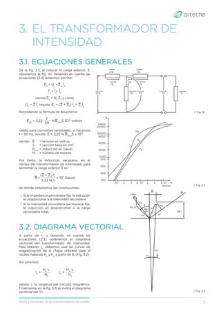 9
Teoría y tecnología de los transformadores de medida
3. EL TRANSFORMADOR DE
INTENSIDAD
De la ﬁg. 2.3, al colocar la carga exterior, Z,
obtenemos la ﬁg. 3.1. Teniendo en cuenta las
ecuaciones [2.3] podemos escribir:
Ēs
= Ūs
+Z s
Īs
Ī's
= Īs
+ Īo
siendo Ēs
= Ns
Ē, y como
Ūs
= Z Īs
resulta: Ēs
= (Z + Zs
) Īs
= Zt
Īs
Recordando la fórmula de Boucherot:
50
______
N Bmax
S 10-6
voltios
Ēeff
= 2,22
f
válida para corrientes senoidales, si hacemos
f = 50 Hz, resulta: Ē = 2,22 N Bmax
S x 10-6
siendo: Ē = tensión en voltios
S = sección neta en cm2
Bmax
= inducción en Gauss
N = número de espiras
Por tanto, la inducción necesaria, en el
núcleo del transformador de intensidad, para
alimentar la carga exterior Z es:
2,22 Ns
S
____________
B = x 106
Gauss
(Z + Zs
) Īs
de donde obtenemos las conclusiones:
› Si la impedancia permanece ﬁja, la inducción
es proporcional a la intensidad secundaria.
› Si la intensidad secundaria permanece ﬁja,
la inducción es proporcional a la carga
secundaria total.
3.1. ECUACIONES GENERALES
› Fig. 3.1
3.2. DIAGRAMA VECTORIAL
A partir de Is
, y teniendo en cuenta las
ecuaciones [2.3] obtenemos el diagrama
vectorial del transformador de intensidad.
Para obtener Io
, debemos usar las curvas de
magnetización de la chapa utilizada para el
núcleo, hallando Hμ
y Hw
a partir de B. (Fig. 3.2).
Así tenemos:
Ns
Ns
________
________
Iw
=
Iμ
=
Hw
L
Hμ
L
siendo L la longitud del circuito magnético.
Finalmente, en la ﬁg. 3.3 se indica el diagrama
vectorial del T.I.
› Fig. 3.2
› Fig. 3.3
Z'p
I'p
U'p Zo Es Us Z
Is
Io
Zs
100
10-2
2 4 8 10-1
2 4 8 10o
H
H0
HW
Hμ
AV/cm.
200
400
200
1000
2000
4000
8000
10000
20000
B
Gauss
δi
Iw
φ
ω._
Iμ
Io
I'p
δ
Is
Us
Es
Rs Is
jXsIs
s
β
 