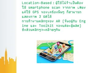 Location-Based : ผ้่ใช้ไม่จาเป็นต้อง
ใช้ smartphone scan จากภาพ เพียง
แค่ใช้ GPS ของเครื่องน้นๆ ก็สามารถ
แสดงภาพ 3 มิติได้
การทางานหลักๆของ AR (ขึ้นอย่่กับ Eng
ine และ Toolkit ของแต่ละผ้่ผลิต)
ซึ่งส่วนหลักๆจะคล้ายๆกัน
 