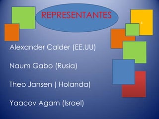REPRESENTANTES
                           s




Alexander Calder (EE.UU)

Naum Gabo (Rusia)

Theo Jansen ( Holanda)

Yaacov Agam (Israel)
 