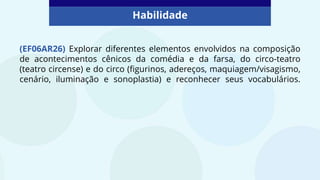 (EF06AR26) Explorar diferentes elementos envolvidos na composição
de acontecimentos cênicos da comédia e da farsa, do circo-teatro
(teatro circense) e do circo (figurinos, adereços, maquiagem/visagismo,
cenário, iluminação e sonoplastia) e reconhecer seus vocabulários.
Habilidade
 