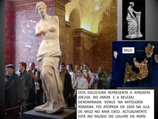 MILO




ESTA ESCULTURA REPRESENTA A AFRODITA
(DEUSA DO AMOR E A BELEZA)
DENOMINADA VENUS NA MITOLOXÍA
ROMANA. FOI ATOPADA EN 1820 NA ILLA
DE MILO NO MAR EXEO. ACTUALMENTE
ESTÁ NO MUSEO DO LOUVRE EN PARÍS.
 