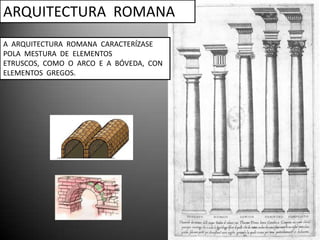 ARQUITECTURA ROMANA
A ARQUITECTURA ROMANA CARACTERÍZASE
POLA MESTURA DE ELEMENTOS
ETRUSCOS, COMO O ARCO E A BÓVEDA, CON
ELEMENTOS GREGOS.
 