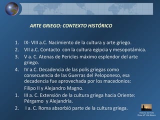 ARTE GRIEGO: CONTEXTO HISTÓRICO
1. IX- VIII a.C. Nacimiento de la cultura y arte griego.
2. VII a.C. Contacto con la cultura egipcia y mesopotámica.
3. V a. C. Atenas de Pericles máximo esplendor del arte
griego.
4. IV a.C. Decadencia de las polis griegas como
consecuencia de las Guerras del Peloponeso, esa
decadencia fue aprovechada por los macedonios:
Filipo II y Alejandro Magno.
1. III a. C. Extensión de la cultura griega hacia Oriente:
Pérgamo y Alejandría.
2. I a. C. Roma absorbió parte de la cultura griega.
Historia del Arte
Rosa Mª Vilá Blasco
 