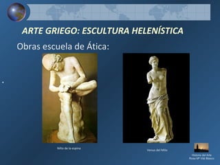 Obras escuela de Ática:
ARTE GRIEGO: ESCULTURA HELENÍSTICA
Venus del Milo
•
Niño de la espina
Historia del Arte
Rosa Mª Vilá Blasco
 