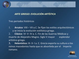 ARTE GRIEGO: EVOLUCIÓN ARTÍSTICA
Tres periodos históricos
1. Arcaico: VIII – VII a.C. Se fijan los estilos arquitectónicos
y se inicia la evolución estilística griega.
2. Clásico: VI- V- IV a. C. Fin de las Guerras Médicas y
muerte de Alejandro Magno. Siglo V mayor esplendor
artístico griego.
3.      Helenístico: III- II- I a. C. Grecia exporta su cultura a los
reinos macedonios hasta que es absorbida por el Imperio
romano.
Historia del Arte
Rosa Mª Vilá Blasco
 
