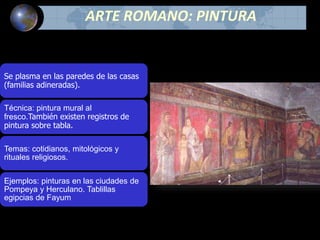 ARTE ROMANO: PINTURA
Se plasma en las paredes de las casas
(familias adineradas).
Técnica: pintura mural al
fresco.También existen registros de
pintura sobre tabla.
Temas: cotidianos, mitológicos y
rituales religiosos.
Ejemplos: pinturas en las ciudades de
Pompeya y Herculano. Tablillas
egipcias de Fayum
 