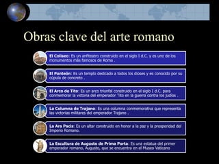 Obras clave del arte romano
El Coliseo: Es un anfiteatro construido en el siglo I d.C. y es uno de los
monumentos más famosos de Roma .
El Panteón: Es un templo dedicado a todos los dioses y es conocido por su
cúpula de concreto .
El Arco de Tito: Es un arco triunfal construido en el siglo I d.C. para
conmemorar la victoria del emperador Tito en la guerra contra los judíos .
La Columna de Trajano: Es una columna conmemorativa que representa
las victorias militares del emperador Trajano .
La Ara Pacis: Es un altar construido en honor a la paz y la prosperidad del
Imperio Romano.
La Escultura de Augusto de Prima Porta: Es una estatua del primer
emperador romano, Augusto, que se encuentra en el Museo Vaticano
 