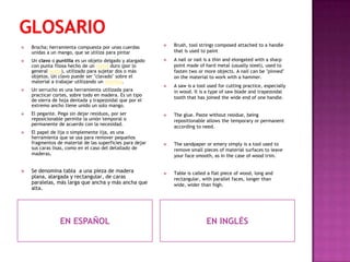    Brocha; herramienta compuesta por unas cuerdas            Brush, tool strings composed attached to a handle
    unidas a un mango, que se utiliza para pintar              that is used to paint

   Un clavo o puntilla es un objeto delgado y alargado       A nail or nail is a thin and elongated with a sharp
    con punta filosa hecho de un metal duro (por lo            point made ​of hard metal (usually steel), used to
    general acero), utilizado para sujetar dos o más           fasten two or more objects. A nail can be "pinned"
    objetos. Un clavo puede ser "clavado" sobre el             on the material to work with a hammer.
    material a trabajar utilizando un martillo.
                                                              A saw is a tool used for cutting practice, especially
   Un serrucho es una herramienta utilizada para              in wood. It is a type of saw blade and trapezoidal
    practicar cortes, sobre todo en madera. Es un tipo
                                                               tooth that has joined the wide end of one handle.
    de sierra de hoja dentada y trapezoidal que por el
    extremo ancho tiene unido un solo mango.
   El pegante. Pega sin dejar residuos, por ser              The glue. Paste without residue, being
    reposicionable permite la unión temporal o                 repositionable allows the temporary or permanent
    permanente de acuerdo con la necesidad.
                                                               according to need.
   El papel de lija o simplemente lija, es una
    herramienta que se usa para remover pequeños
    fragmentos de material de las superficies para dejar      The sandpaper or emery simply is a tool used to
    sus caras lisas, como en el caso del detallado de          remove small pieces of material surfaces to leave
    maderas.                                                   your face smooth, as in the case of wood trim.


   Se denomina tabla a una pieza de madera                   Table is called a flat piece of wood, long and
    plana, alargada y rectangular, de caras                    rectangular, with parallel faces, longer than
    paralelas, más larga que ancha y más ancha que             wide, wider than high.
    alta.




                 EN ESPAÑOL                                                   EN INGLÉS
 