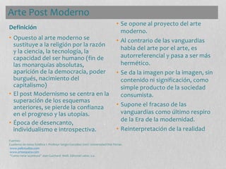 Arte Post Moderno
• Opuesto al arte moderno se
sustituye a la religión por la razón
y la ciencia, la tecnología, la
capacidad del ser humano (fin de
las monarquías absolutas,
aparición de la democracia, poder
burgués, nacimiento del
capitalismo)
• El post Modernismo se centra en la
superación de los esquemas
anteriores, se pierde la confianza
en el progreso y las utopías.
• Época de desencanto,
individualismo e introspectiva.
• Se opone al proyecto del arte
moderno.
• Al contrario de las vanguardias
habla del arte por el arte, es
autorreferencial y pasa a ser más
hermético.
• Se da la imagen por la imagen, sin
contenido ni significación, como
simple producto de la sociedad
consumista.
• Supone el fracaso de las
vanguardias como último respiro
de la Era de la modernidad.
• Reinterpretación de la realidad
Definición
Fuentes:
Cuaderno de notas Estética I. Profesor Sergio González 2007. UniversidadFinis Terrae.
www.paikstudios.com
www.arteespana.com
“Como mirar la pintura” Jean Guichard- Meili. Editorial Labor, s.a.
 