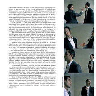 controversies are revealed at the core of the series. The most obvious confronts the classic
nature of the motif –one cannot but think of Ingres or Picasso– with the contemporaneity
of the women who are posing, and which is revealed both in some unexpected detail, like a
cigarette holder and a fake cigarette in a hand, and also, which to me seems more important,
in the succession of differences between their poses and gestures and those that would be
decorous from an ancient point of view. Nothing is explicit, what’s more, I venture to say that
in spite of the women’s attractive nakedness, both eroticism and sensuality are involuntary
or absent companions. In Hamman V they are thrown across the counter, lined up like fish,
their heads invisible, making up, however, an implosive frieze of icy nudes.
On the other hand, in La Sibila, made a decade later, in 2005, the girls exhibit different
levels of nudity, which centre on points of delight, and, although only one looks directly at
her, four of them seem to surround a fifth, pregnant girl, who occupies the centre of the
stage in a communal bedroom, and who, as does a second girl who is seen face on and
ungroomed, looks directly at the spectator, more questioning him than offering him any
future promises that could be made, except that of the uninterrupted continuation of life.
With the new century, as we have anticipated, and almost up to the present moment,
with no regularity, series have emerged which are unconnected to their presence and
made up of shots of groups of women, generally in static arrangements, mostly with the
participants independent of each other in their pose and attitude, and on other occasions,
on the contrary, involved in a common act, without it ever becoming completely clear if their
positions incline towards quiet sensuality or contained violence.
In the first groups, forms and volumes predominate, so to speak, as if the women
shape, as we have already said, friezes or galleries of differentiated poses and movements,
in many cases not without reference to the classical world and the mythical role of women
and, in others, more dominated by the disturbing presence of female hair, its intertwining
and knots, its promise of caresses. Their titles are filled with suggestion, Sherezades, 2008,
Las mil y una noches, 2003, Filles modernes, 2001, La rosa de papel, 2007.
In the second, collected together in the prolific series Pequeñas historias bucólicas,
2006, the fragmented story, its natural sequence broken, is delimited according to fricative
and irritating moments, sometimes confronted by a static scene, strange and generally
floral, which acts as companion to the diptych; the women, very occasionally semi-nude,
disguised as storybook characters –the stepmother of Snow White–, as animals from fables
–the sheep or the pig– or those drawn in comics –Bugs Bunny–, confront each other, they
touch each other, they form pictures that I would not venture to call moral, but which do
theatrically represent feelings.
The series has its complement or paraphrase in the video with the same title, Pequeñas
historias bucólicas, made between 2005 and 2007, in which three actresses –one of them
with her face partially covered by a mask– act with children’s instruments, plastic pipes of
Pan, or improvised instruments such as a bicycle pump with a balloon over its mouth, a
strident and convulsed rattle, as irritating to see as to hear, obsessive, from which issues
a sad melancholy, as if we realise that adults are unable to share the happy confidence of
childhood joys and that that heavenly place never really existed.
One of the strangest groups is Masculinos, from 2007, four adult women dressed
as executives and in the typical poses of businessmen or brokers, who could well be the
paraphrase or different response to a video and some shots from 2004, The members,
one of her exceptional works with male protagonists, which irrefutably and palpably
attests to violence as an essential part of labour relations and, more widely, the paternal
masculine behaviour, in which machismo is not essential in order to ominously load it with
aggressiveness.
The
Members,
2004.
Vídeo
 