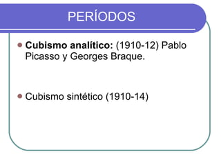 PERÍODOS Cubismo analítico:  (1910-12) Pablo Picasso y Georges Braque. Cubismo sintético (1910-14) 