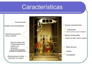 Características Indescifrable Vidrio con óleo, barniz y plomo Atracción sexual entre Novia y solteros Obra inacabada, juego de inteligencia Complejidad Reminiscencias a obras anteriores “La casada” Motor del amor Barrera infranqueable Soledad e insatisfacción Alquimia referencias. Transmutación de la  materia y la búsqueda De la piedra filosofal. Muchas interpretaciones Crisis personal Temática amorosa-fantástica Grietas 