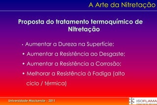 A Arte da Nitretação

     Proposta do tratamento termoquímico de
                      Nitretação

        •   Aumentar a Dureza na Superfície;
        • Aumentar a Resistência ao Desgaste;
        • Aumentar a Resistência a Corrosão;
        • Melhorar a Resistência à Fadiga (alto
            ciclo / térmica)


Universidade Mackenzie - 2011
 