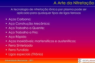 A Arte da Nitretação
     A tecnologia de nitretação iônica por plasma pode ser
         aplicada para quaisquer tipos de ligas ferrosas

•   Aços Carbono;
•   Aço Construção Mecânica;
•   Aço Trabalho a Quente;
•   Aço Trabalho a Frio;
•   Aço Rápido
•   Aços Inoxidáveis: martensíticos e austeníticos;
•   Ferro Sinterizado
•   Ferro Fundido
•   Ligas especiais (Titânio)
Universidade Mackenzie - 2011
 