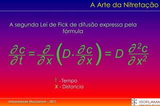 A Arte da Nitretação

A segunda Lei de Fick de difusão expressa pela
                   fórmula


 c =  D.  c = D                                      2c

t x      x      x2      (                )
                            t   - Tempo
                            X - Distancia


Universidade Mackenzie - 2011
 