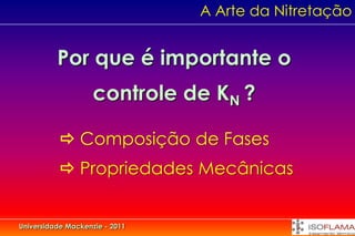 A Arte da Nitretação


          Por que é importante o
                    controle de KN ?

            Composição de Fases
            Propriedades Mecânicas


Universidade Mackenzie - 2011
 