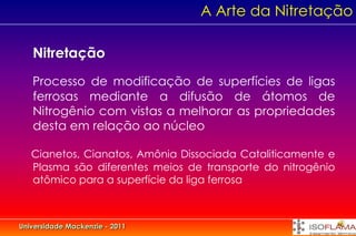 A Arte da Nitretação

   Nitretação
   Processo de modificação de superfícies de ligas
   ferrosas mediante a difusão de átomos de
   Nitrogênio com vistas a melhorar as propriedades
   desta em relação ao núcleo

   Cianetos, Cianatos, Amônia Dissociada Cataliticamente e
   Plasma são diferentes meios de transporte do nitrogênio
   atômico para a superfície da liga ferrosa



Universidade Mackenzie - 2011
 