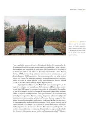 REGIONES Y PAÍSES • 43 •
“una expedición amorosa al interior del mármol, al alma del granito, a los de-
licados entresijos del travertino, para conocerlos, acariciarlos y luego exponer-
los en objetos que, respetando su naturaleza, den testimonio de la reverencia y
el fervor que inspiran a la artista”28
. También son escultores Carlos Runcie
Tanaka (1958), quien trabaja cerámica que muestra en instalaciones, y Luis
García-Zapatero (1963), quien crea objetos monumentales con caña, carrizo,
estera, pita y soga. No faltan, por supuesto, las manifestaciones no convencio-
nales, tal como se puede apreciar en las instalaciones de Rosario Wenzel
(1958), Karen Michelsen (1969) y Miguel Aguirre (1973).
Según Federica Palomero, “En Venezuela como en todas partes, la dé-
cada de los ochenta está marcada por el eclecticismo [...] El arte clásico-moder-
no del siglo XX impuso el concepto de novedad, de originalidad. En cambio,
el arte de los ochenta rechaza el concepto de vanguardia, ya no quiere ser inno-
vador ni original. Paradójicamente, viene precisamente a serlo mediante esta
actitud post-vanguardista. Retoma, analiza, fragmenta, echa mano del pasado
más o menos reciente, mezcla, aglutina [...] Así como el artista traspasa los lími-
tes del tiempo, ignora también las fronteras: en Venezuela, el arte de los ochen-
ta entronca con las tendencias internacionales. Con la misma libertad con la
cual se traslada en el tiempo y en el espacio, el artista utiliza, según sus necesi-
dades expresivas, las técnicas más diversas. Más que nunca, el fin justifica los
medios. La suma de estas posiciones podría identificarse, a pesar de lo trillado
del término y del concepto, grosso modo, con la post-modernidad.”29
Efectiva-
• LIKA MUTAL (PERÚ) WAKING UP
FROM THE SLEEP OF AGES (DESPER-
TANDO DEL SUEÑO MILENARIO),
1998 ✦ GRANITO Y PIEDRA ✦ 375,9
X 398,8 X 373,4 CM ✦ FOTO CORTE-
SÍA DE NOHRA HAIME GALLERY,
NUEVA YORK, EUA.
 