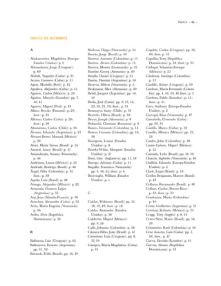 ÍNDICE • 65 •
ÍNDICE DE NOMBRES
Barbosa, Diego (Venezuela): p. 44
Barrão, Jorge (Brasil): p. 49
Barrera, Antonio (Colombia): p. 15
Barrios, Alvaro (Colombia): p. 15,
Barrios, Moisés (Guatemala): p. 25
Baselitz, Georg (Alemania): p. 40
Batalla, Daniel (Uruguay): p. 61
Bayón, Damián (Argentina): p. 50
Becerra, Milton (Venezuela): p. 2
Beckmann, Max (Alemania): p. 40
Bedel, Jacques (Argentina): pp. 16,
19
Bedia, José (Cuba): pp. 9, 15, 16,
29, 30, 31, 34; ilust.: p. 31
Benmayor, Samy (Chile): p. 56
Berredo, Hilton (Brasil): p. 50
Beuys, Joseph (Alemania): p. 8
Boltanski, Christian (Rumania): p. 8
Botero, Fernando (Colombia): p. 14
Botero, Germán (Colombia): pp. 16,
38
Bourgeois, Louise (Estados
Unidos): p. 8
Bourke-White, Margaret (Estados
Unidos): p. 21
Brett, Guy (Inglaterra): pp. 15, 18
Buergo, Adriano (Cuba): p. 31
Bugallo, Francisco (Venezuela):
pp. 6, 44, 45; ilust.: p. 6
Burroughs, William (Estados
Unidos): p. v
C
Caldas, Waltercio (Brasil): pp. 15,
18, 19, 49; ilust.: p. 18
Calder, Alexander (Estados
Unidos): p. 38
Calderón, Miguel (México):
pp. 9, 24
Calle, Johanna (Colombia): p. 38
Câmara Filho, João (Brasil): p. 47
Camnitzer, Luis (Uruguay): pp. 8,
57, 59
Campos, María Magdalena (Cuba):
p. 31
Capelán, Carlos (Uruguay): pp. 16,
60; ilust: p. 16
Capellán,Tony (República
Dominicana): p. 34; ilust.: p. 35
Carbajal, Sebastián Enrique
(México): p. 22
Cárdenas, Santiago (Colombia):
p. 13
Cardillo, Rimer (Uruguay): p. 59
Cardoso, María Fernanda (Colom-
bia): pp. 4, 16, 39, 40 ilust.: p. 5
Cardoso, Pablo (Ecuador): p. 41;
ilust.: p. 41
Caro, Anthony (Europa-Estados
Unidos): p. 2
Carvajal, Rina (Venezuela): p. 47
Castañeda, Consuelo (Cuba):
pp. 20, 31
Castillo, Marco (Cuba): p. 32
Castillo, Mónica (México): pp. 23,
24
Castles, John (Colombia): p. 38
Castro Leñero, Miguel (México):
p. 22
Catunda, Leda (Brasil): pp. 16, 50
Chacón, Sigfredo (Venezuela): p. 46
Chillida, Eduardo (Europa-Estados
Unidos): p. 2
Clark, Lygia (Brasil): p. 19
Coelho Benjamim, Marcos (Brasil):
p. 49
Collares, Raymundo (Brasil): p. 48
Collazo, Carlos (Puerto Rico):
p. 33; ilust.: p. 33
Combariza, Marta (Colombia):
p. 40
Conte, Guillermo (Argentina): p. 51
Cortázar, Roberto (México): p. 22
Cragg, Tony (Inglés): p. 8, 34
Cravo Neto, Mario (Brasil): pp. 16,
20
Cristancho, Raúl (Colombia): p. 36
Cruz Azaceta, Luis (Cuba): pp. 7,
26; ilust.: p. 27
Cueva, Hernán (Ecuador): p. 41
Cuevas, Alonso (República
Dominicana): p. 34
A
Abakanowicz, Magdalena (Europa-
Estados Unidos): p. 2
Abbondanza, Jorge (Uruguay):
p. 60
Abdalá, Yaquelin (Cuba): p. 31
Acosta, Gustavo (Cuba): p. 31
Agois, Mariella (Perú): p. 42
Aguilera, Alejandro (Cuba): p. 31
Aguirre, Carlos (México): p. 24
Aguirre, Marcelo (Ecuador): pp. 7,
40, 41
Aguirre, Miguel (Perú): p. 43
Alfaro, Brooke (Panamá): p. 25;
ilust.: p. 25
Alfonzo, Carlos (Cuba): p. 26;
ilust.: p. 28
Altamirano, Carlos (Chile): p. 56
Álvarez, Eduardo (Argentina): p. 13
Álvarez Bravo, Manuel (México):
p. 20
Alves, María Teresa (Brasil): p. 16
Amaral, Aracy (Brasil): p. 47
Amundaraín, Susana (Venezuela):
p. 46
Anderson, Laura (México): p. 23
Andrade, Rodrigo (Brasil): p. 48
Ángel, Félix (Colombia): p. 37,
ilust.: p. 38
Aquila, Luiz (Brasil): p. 48
Arango, Alejandro (México): p. 22
Armentía, Gustavo López
(Argentina): p. 51
Arp, Jean (Alemán-Francés): p. 38
Arrechea, Alexandre (Cuba): p. 32
Arria, María Eugenia (Venezuela):
p. 46
Avilés, Elvis (República
Dominicana): p. 34
B
Balbuena, Luis (Uruguay): p. 62
Ballesteros, Ernesto (Argentina):
pp. 51, 52
Baranek, Frida (Brasil): pp. 16, 49
 
