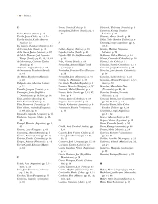 • 66 • ÍNDICE
D
Dalio, Osmar (Brasil): p. 13
Dávila, Juan (Chile): pp. 15, 54
Dávila-Rinaldi, Carlos (Puerto
Rico): p. 33
De Castro, (Amilcar) (Brasil): p. 13
de Freitas, Iole (Brasil): p. 16
de la Garza, Javier (México): p. 22
de Mello Mourao, José Antonio-
Tunga (Brasil): pp. 15, 16, 19, 49
de Mendonça, Casimiro Xavier
(Brasil): p. 47
de Souza, Edgar (Brasil): p. 49
de Souzaneto, Manfredo (Brasil)
p. 48
del Olmo, Humberto (México):
p. 23
Delgado, Ana Albertina (Cuba):
p. 31
Derrida, Jacques (Francia): p. v
Desangles, Jesús (República
Dominicana): p. 34; ilust.: p. 36
Dias, Antônio (Brasil): p. 47
Díaz, Gonzalo (Chile): p. 54
Díaz, Roosevelt (Panamá): p. 25
Díaz Valdés, Wifredo (Uruguay):
p. 60; ilust.: p. 61
Dicandro, Agueda (Uruguay): p. 60
Dittborn, Eugenio (Chile): p. 18,
54
Dompé, Hernán (Argentina): pp. 2,
53
Duarte, Lacy (Uruguay): p. 61
Duchamp, Marcel (Francia): p. 5
Duclós, Arturo (Chile): pp. 16, 57
Dueñas, Danilo (Colombia): p. 38
Duque, Adonay (Venezuela): p. 44
Duval-Carrié, Edouard (Haití):
p. 32
E
Eckell, Ana (Argentina): pp. 7, 51;
ilust.: p. 53
Elso, Juan Francisco (Cubano):
pp. 2, 16, 29
Escobar, Ticio (Paraguay): p. 57
Espinoza, Eugenio (Venezuela):
p. 46
Esson, Tomás (Cuba): p. 31
Evangelista, Roberto (Brasil): pp. 4,
15
F
Fabbri, Angeles (Bolivia): p. 35
Fajardo, Carlos (Brasil): p. 49
Fajardo-Hill, Cecilia (Venezuela):
p. 30
Felix, Nelson (Brasil): p. 49
Fernández, Antonio Eligio-Tonel
(Cuba): p. 31
Fernández, Francisco-Taca (México):
p. 24
Fernández, José (Venezuela): p. 46
Fetting, R. (Alemania): p. 40
Fiz, Simón Marchán (España): p. 1
Fonseca, Gonzalo (Uruguay): p. 57
Foucault, Michel (Francia): p. v
Franco, Sirón (Brasil): pp. 7, 15, 47;
ilust.: p. 8
Franco, Jaime (Colombia): p. 38
Frigerio, Ismael (Chile): p. 56
Fritsch, Katharina (Alemania): p. 8
Fuenmayor, Héctor (Venezuela):
p. 46
G
Gablik, Suzi (Estados Unidos): pp.
1, 8
Gajardo, José Vicente (Chile): p. 57
Galán, Julio (México): pp. 13, 15,
19, 22
Gamarra, José (Uruguay): pp. 57, 59
Garaicoa, Carlos (Cuba): p. 32
García Canclini, Néstor (Argentina):
p. vi
García Cordero, José (República
Dominicana): p. 34
García Márquez, Gabriel (Colom-
bia): p. 14
García-Zapatero, Luis (Perú): p. 43
García, Maylen (Venezuela): p. 46
Garciandía, Flavio (Cuba): pp. 9, 31
Garduño, Flor (México): pp. 10, 11;
ilust.: p.11
Gazitúa, Francisco (Chile): p. 57
Géricault, Théodore (Francia): p. 6
Gershwin, George (Estados
Unidos): p. 36
Gianotti, Marco (Brasil): p. 48
Gitlin, Todd (Estados Unidos): p. v
Glusberg, Jorge (Argentina): pp. 9,
50, 51
Goeritz, Mathias (Alemania-
México): p. 22
Goldman, Shifra (México); p. 24
Gómez, Consuelo (Colombia): p. 39
Gómez, Luis (Cuba): p. 31
González, Beatriz (Colombia): p. 14
González, Jorge (Colombia): p. 38
González, José Antonio (Colombia):
p. 36
González, Keiko (Bolivia): p. 35
González, Mónica (Paraguay): p. 57;
ilust.: p. 58
González, Maria Luisa-Nan
(Venezuela): pp. 44, 46
González Gortázar, Fernado
(México): p. 22
González Palma, Luis (Guatemala):
pp. 10, 11 ilust.: p. 12
González-Torres, Félix (Cuba-
Estados Unidos): pp. 9, 28
Gravinese, Diego (Argentina):
pp. 51, 52
Grieve, Alberto (Perú): p. 42
Grippo, Victor (Argentina): p. 18
Gross, Carmela (Brasil): p. 50
Grosz, George (Alemania): p. 40
Gruner, Silvia (México): p. 24
Guevara, Roberto (Venezolano):
pp. 15, 17
Guillén, Arnoldo (Nicaragua): p. 25
Gutiérrez, Yolanda (México): pp. 22,
23, 24
Gutiérrez, Margarita (Colombia):
p. 38
Guzmán, Enrique (México): p. 22
H
Haber, Alicia (Uruguay): pp. 60, 61
Hackshaw, Jeniffer-yeni (Venezuela):
pp. 44, 46
Halley, Peter (Nacionalidad?): p. 47
Heim, Elías (Colombia): p. 40
 