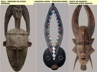 MALI - MÁSCARA DA ETNIA BÁMBARA  BURKINA FASSO - MÁSCARA MOSSI COSTA DO MARFIM - MÁSCARA ETNIA SENUFO 