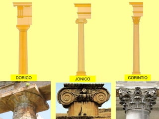 • Búsqueda de la belleza en los edificios: entendida como
proporción, equilibrio y armonía.
• Aspecto: Edificios construidos a escala humana. No son
monumentales o de grandes dimensiones.
• Materiales: piedra o mármol. Se pintaban de colores.
• Cubiertas: arquitrabadas o adinteladas. Esto significa que las
cubiertas son planas y el tejado a doble vertiente.
• Soportes: columnas
• Utilización de los ÓRDENES GRIEGOS: reglas de construcción
que determinaban el tamaño de los elementos arquitectónicos y
cómo debían combinarse estos.
– Con ello se buscaba la belleza de los edificios
– Hay 3 órdenes:, DÓRICO, JÓNICO y CORINTIO.
CARACTERÍSTICAS DE LA ARQUITECTURA
 