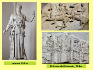 Época clásica
• Se desarrolla en los siglos V y IV
a.C.
• Se alcanza una gran idealización
del cuerpo humano
• Las estatuas se caracterizan
por:
 La proporción de las diferentes
partes de las figuras (canon)
 Las figuras se volvieron
expresivas pero serenas
 El movimiento, pero sin
exagerar las posturas
 Las figuras se pueden
contemplar desde diferentes
puntos de vista
• Destacan los escultores Mirón,
Fidias, Policleto y Praxiteles.
El discóbolo, Mirón
 