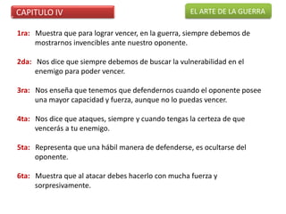 CAPITULO IV                                        EL ARTE DE LA GUERRA

1ra: Muestra que para lograr vencer, en la guerra...