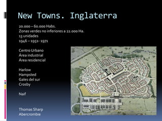 New Towns. Inglaterra 
20.000 – 60.000 Habs. 
Zonas verdes no inferiores a 22.000 Ha. 
13 unidades 
1946 – 1951- 1971 
Centro Urbano 
Área industrial 
Área residencial 
Harlow 
Hampsted 
Gales del sur 
Crosby 
Naif 
Thomas Sharp 
Abercrombie 
 