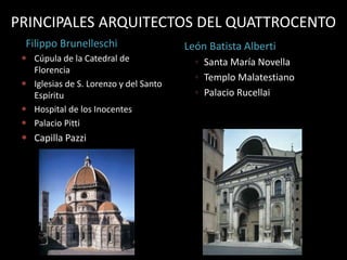 Filippo Brunelleschi
 Cúpula de la Catedral de
Florencia
 Iglesias de S. Lorenzo y del Santo
Espíritu
 Hospital de los Inocentes
 Palacio Pitti
 Capilla Pazzi
León Batista Alberti
◦ Santa María Novella
◦ Templo Malatestiano
◦ Palacio Rucellai
PRINCIPALES ARQUITECTOS DEL QUATTROCENTO
 
